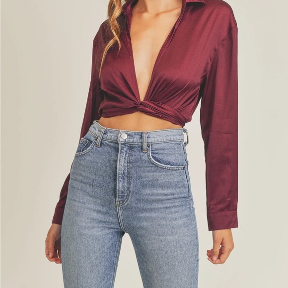 MABLE Jennifer SATIN Olive Tie-Front Blouse Medium - Picture 8 of 9